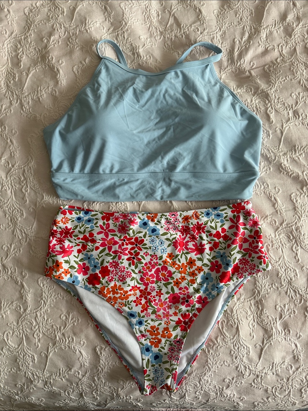 Light Blue Crop Bikini Top with Floral High-Waist Bottoms XL full coverage
